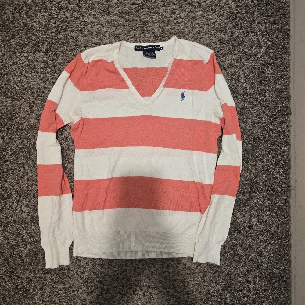 Ralph Lauren Coral and White V-Neck Sweater